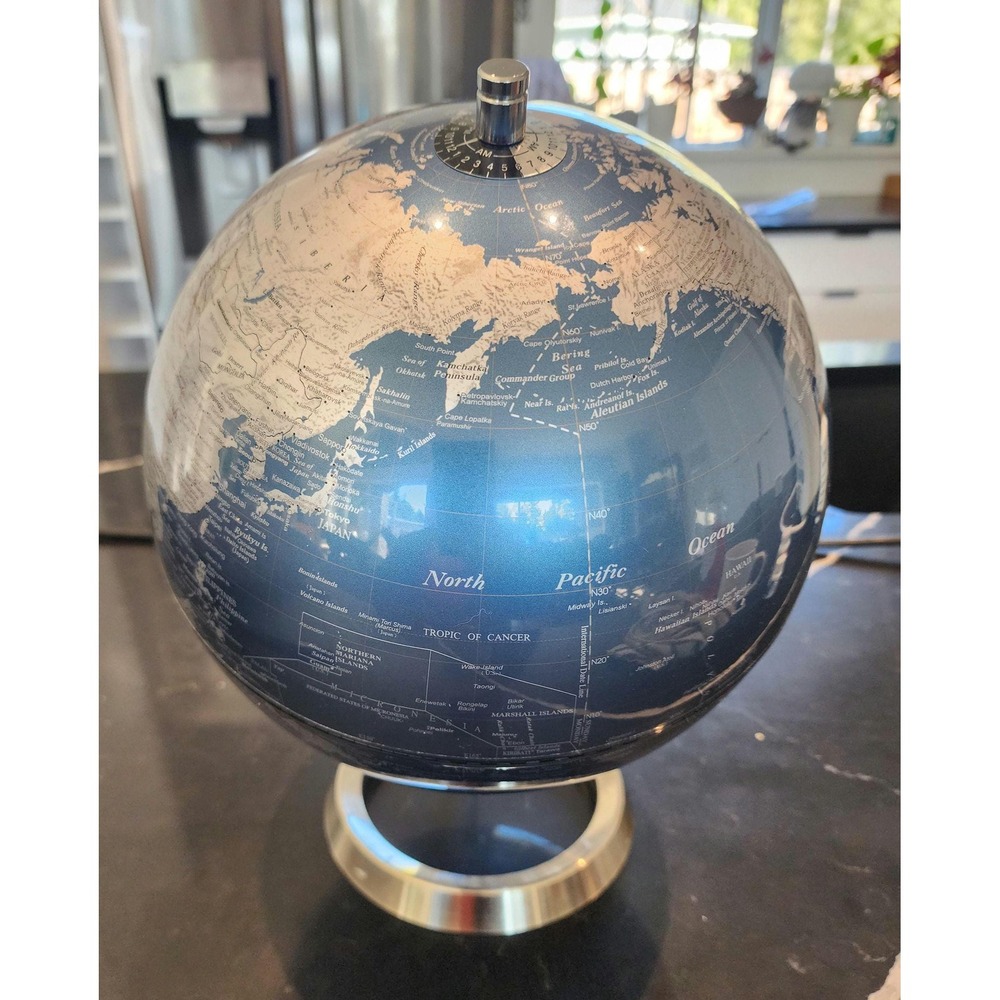 Modern Smoky Blue World Time Desk Globe 15.5 Silver Chrome Tabletop Decor